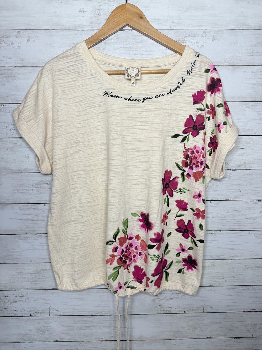 TruSelf 1X Floral Graphic Top Bloom Where You Are Planted Ivory Drawstring Hem